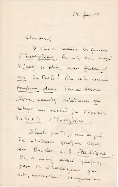 Lettre de Jacques Schiffrin, 24 février 1940