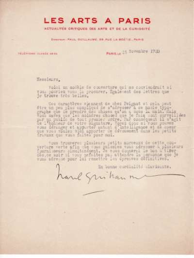 Lettre de Paul Guillaume, 15 novembre 1933