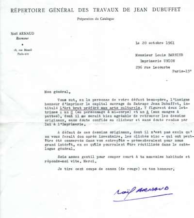 Lettre de Noël Arnaud à Louis Barnier, 20 octobre 1961