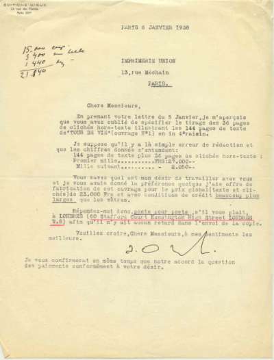 Lettre de Ozenfant, 6 janvier 1938