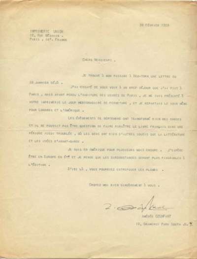Lettre datée du 26 juillet 1936 de Ozenfant adressée à l'Imprimerie Union. Verso