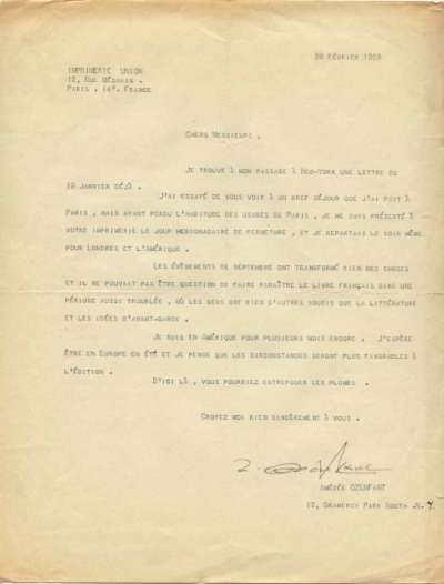 Lettre datée du 26 juillet 1936 de Ozenfant adressée à l'Imprimerie Union. Verso