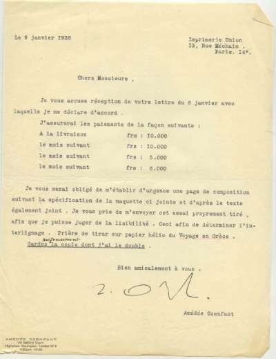 Lettre de Ozenfant, 9 janvier 1938