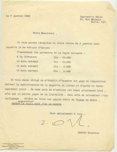 Lettre datée du 9 janvier 1938 de Ozenfant adressée à l'Imprimerie Union