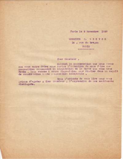 Lettre de l'Imprimerie Union datée du 8 novembre 1937 adressée à Christian Zervos à propos d'une proposition pour la liquidation de la dette