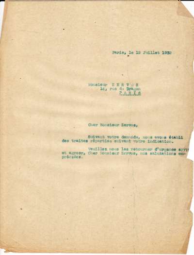 Réponse de l'Imprimerie Union datée du 12 juillet 1932 à la demande de traite de Christian Zervos