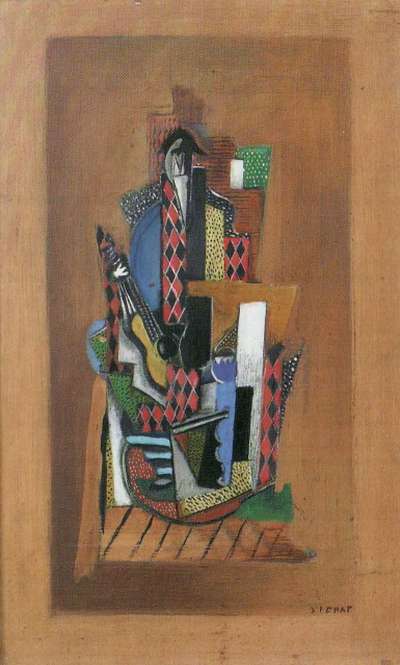 Serge Férat, Arlequin à la guitare, huile sur toile, 47x27 cm. Ancienne Collection Snégaroff