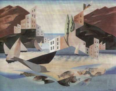 Léopold Survage, Départ pour la pêche, huile sur toile, 89x116 cm. 1926. Ancienne Collection Snégaroff