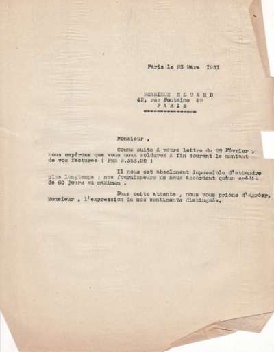 Lettre du 23 mars 1931 