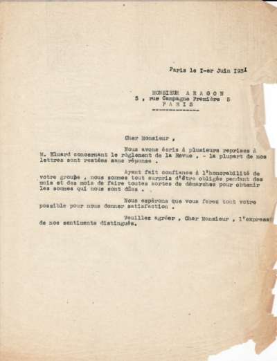 La Révolution surréaliste. Lettre du 1er juin 1931