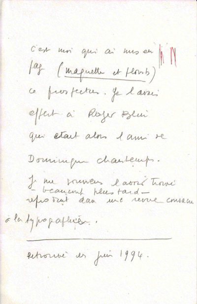 ote manuscrite de Louis Barnier à propos de l'impression du programme de la pièce En attendant Godot