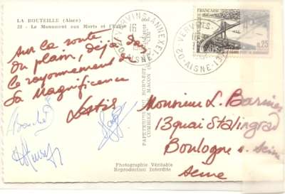 Carte du 16 janvier 1967 signée Latis, Gayot, Fleury, Bouché. Le monument aux morts et l'église de La Bouteille. Verso