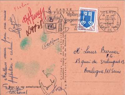 Carte du 13 septembre 1967 signée Lachenal, Bouché, Petitfaux, Fleury, Latis, Gayot. Bonne Année Pataphysique. Verso