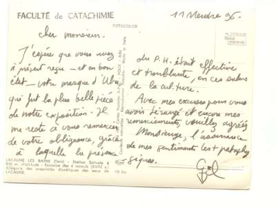 Carte du 11 merdre 96 (1969) signée Lacaune Les Bains. Verso