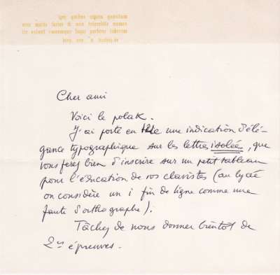 Lettre signée Latis. S.D.