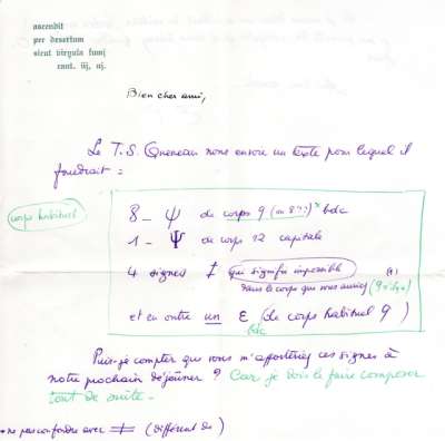 Lettre signée Emmanuel Peillet à propos d'un texte de Raymond Queneau. S.D. 