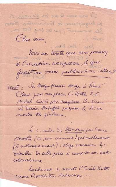 Lettre à propos de l'entrée de René Clair et de Michel Leiris au sein du Collège de 'Pataphysique. S.D.