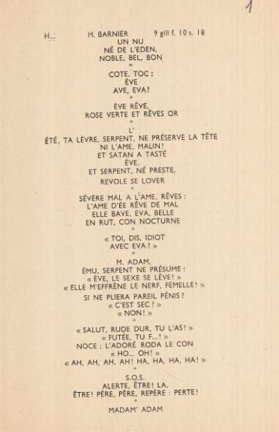 Manuscrits et épreuves d'imprimerie d'Adam et Eve de Luc Etienne. Page 1. S.D.