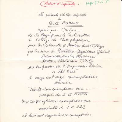 Achevé d'imprimer manuscrit envoyé par Emmanuel Peillet à Louis Barnier en 1963