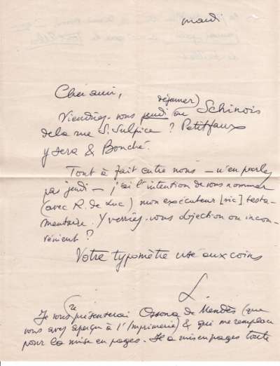 Lettre d'Emmanuel Peillet à Louis Barnier. S.D.