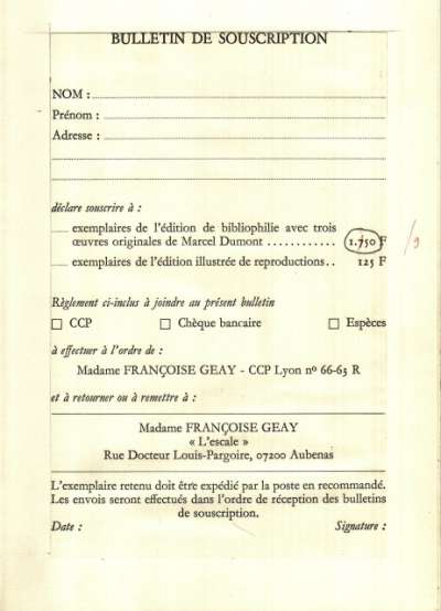 Epreuve du bulletin de souscription pour les deux ouvrages de Marcel Dumont, Collines et vergers des Alpilles et Dix ans de peintures dans les Alpilles 1972-1982. Galerie Claude Aubry