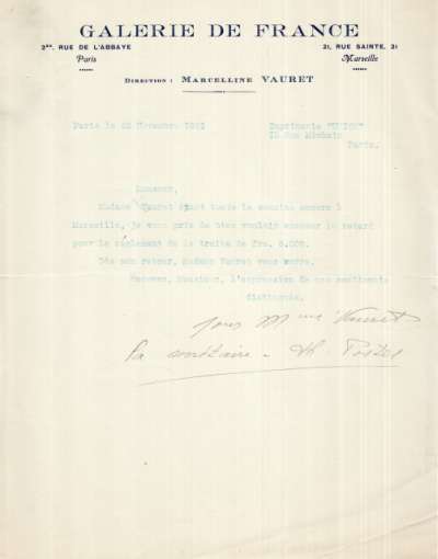 Lettre à en-tête de La Galerie de France, 23 novembre 1931