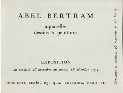 Abel Bertram, aquarelles, dessins et peintures, 26 novembre-18 décembre 1954. 19x13,5 cm. 8 p.