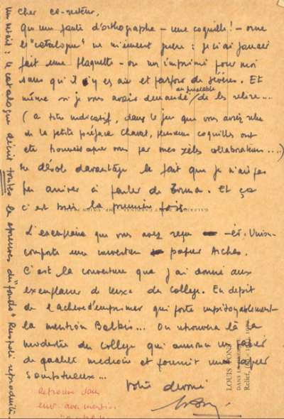 Carte de Jean Hugues à Louis Barnier. S.D. Verso