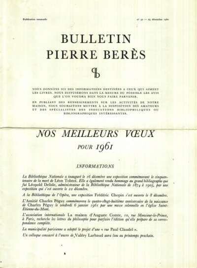 Bulletin Pierre Berès. 19x25,5 cm. N°32 - 25 décembre 1960
