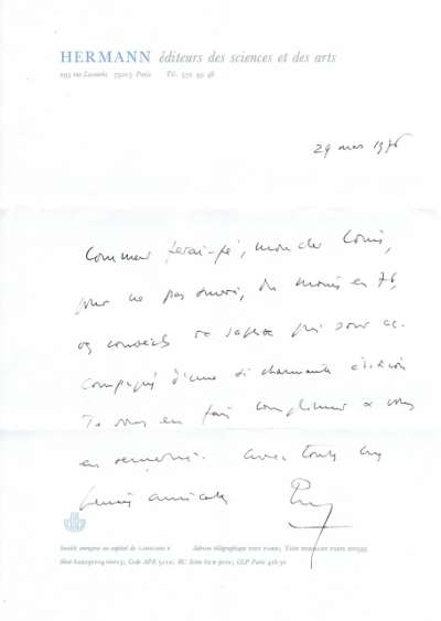 Lettre de Pierre Berès à Louis Barnier concernant la plaquette de voeux le Crève-Coeur du Vieux soldat, 29 mars 1976