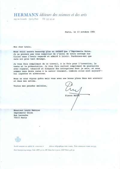 Lettre de Pierre Berès à Louis Barnier, 13 octobre 1981
