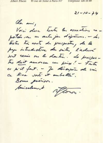 Lettre de Flocon à Louis Barnier, 21 octobre 1974