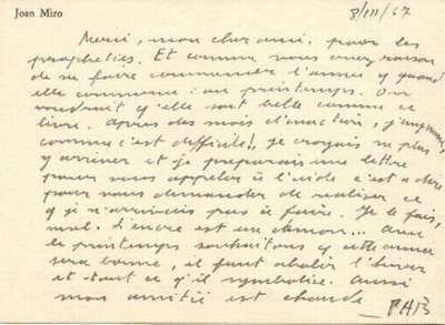 Lettre de PAB à Louis Barnier, 8 mars 1967. Remerciement pour l'envoi de la plaquette de voeux Prophéties perpétuelles très anciennes et très certaines de Thomas-Joseph Moult