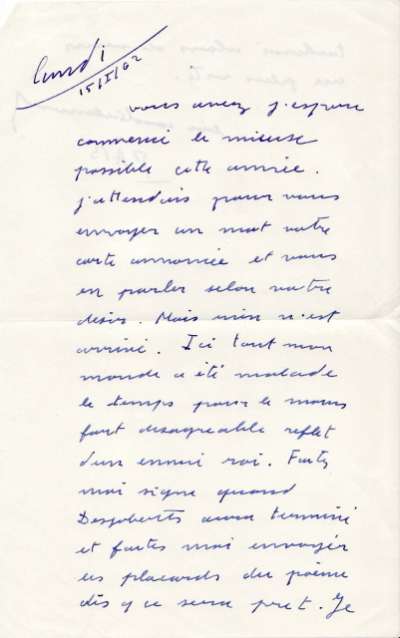 Lettre de PAB à Louis Barnier, 15 janvier 1962
