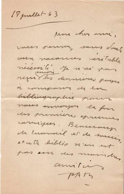 Lettre de PAB à Louis Barnier, 18 juillet 1963