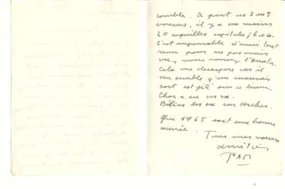 Lettre de PAB à Louis Barnier, datée Mercredi (1965). Verso