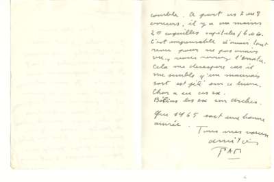 Lettre de PAB à Louis Barnier, datée Mercredi (1965). Verso