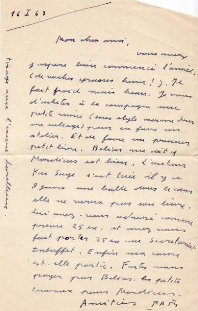 Lettre de PAB à Louis Barnier, 16 janvier 1963