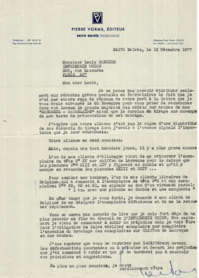 Lettre de Pierre Vorms à Louis Barnier, 15 décembre 1977