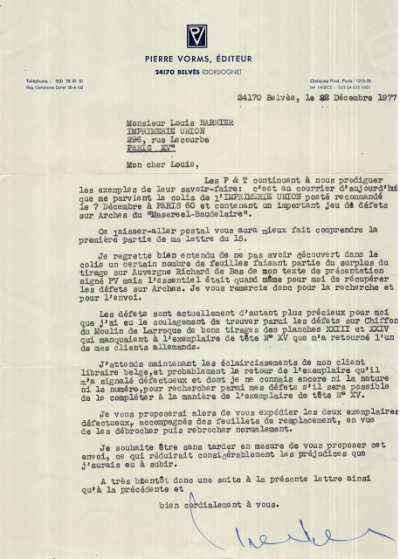 Lettre de Pierre Vorms à Louis Barnier, 22 décembre 1977