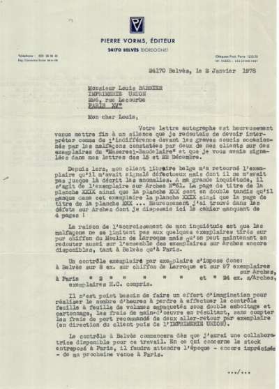 Lettre de Pierre Vorms à Louis Barnier, 2 janvier 1978