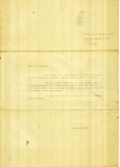 Lettre de Louis Barnier à Pierre Vorms, 18 janvier 1978