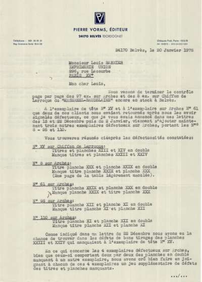 Lettre de Pierre Vorms à Louis Barnier, 20 janvier 1978