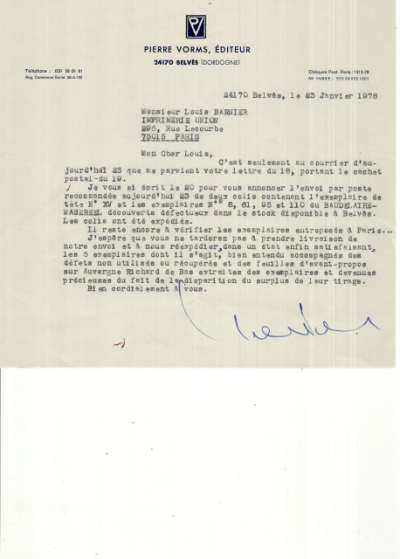 Lettre de Pierre Vorms à Louis Barnier, 23 janvier 1978
