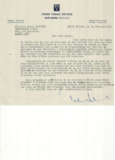 Lettre de Pierre Vorms à Louis Barnier, 16 janvier 1978