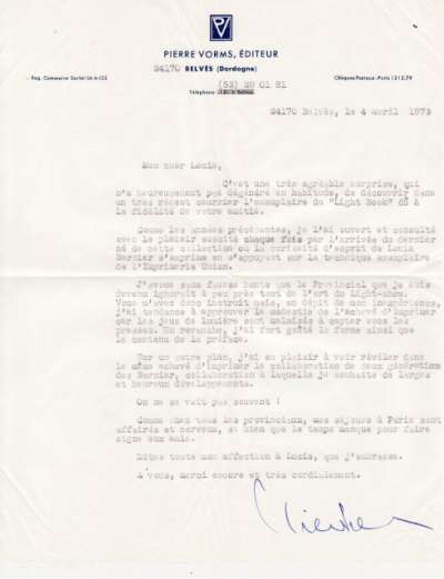 Lettre de Pierre Worms à Louis Barnier, 4 avril 1973. Remerciement pour l'envoie de la plaquette de voeux Le Light Book pour les voeux de 1973