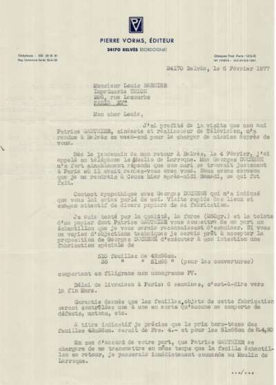 Lettre de Pierre Vorms à Louis Barnier, 6 février 1977