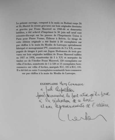 Frans Masereel, Les fleurs du mal, 30 bois gravés pour illustrer 30 poèmes des Fleurs du mal de Baudelaire, Pierre Vorms, Belvès. Caractère Bodoni corps 24 et 30. 19 cm. 119 p. 1977. Achevé d'imprimer