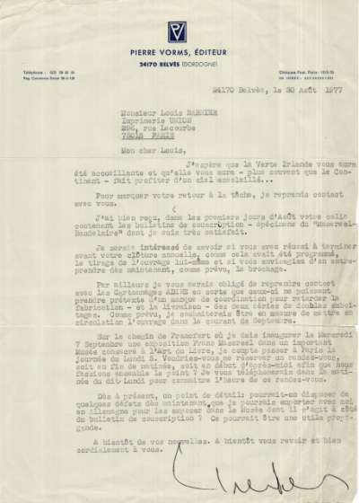 Lettre de Pierre Vorms à Louis Barnier, 30 août 1977