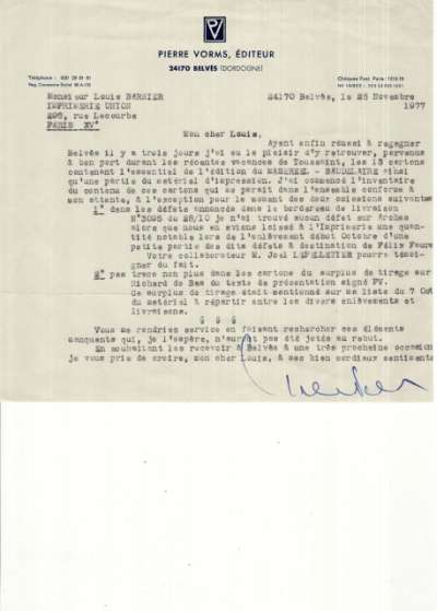 Lettre de Pierre Vorms à Louis Barnier, 25 novembre 1977